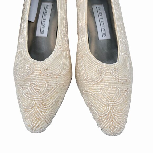 VINTAGE IVORY VALERIE STEVENS BEADED HEELS W/ BOX WEDDING FORMAL 8.5 - Picture 10 of 13